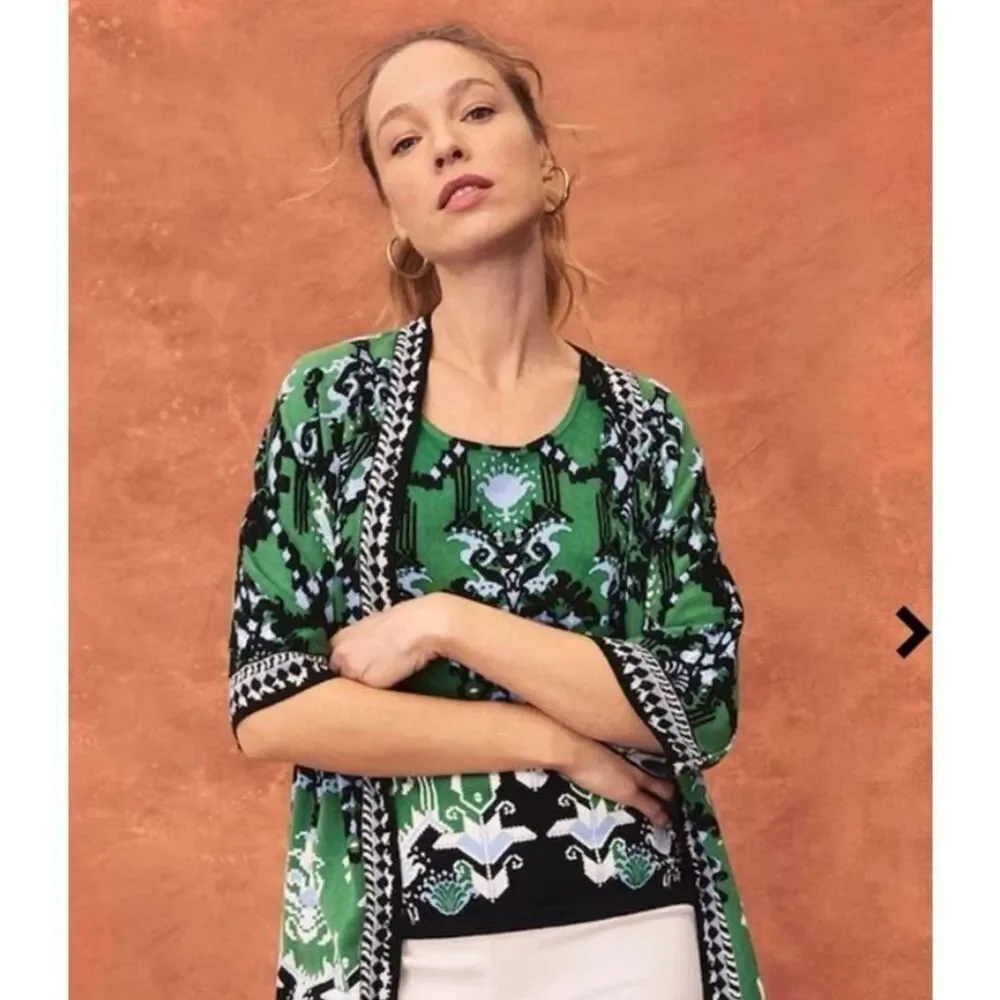 Chico’s Green Ikat Print Cardigan Kimono Linen Sweater Women’s Size 2 Large - Picture 6 of 6